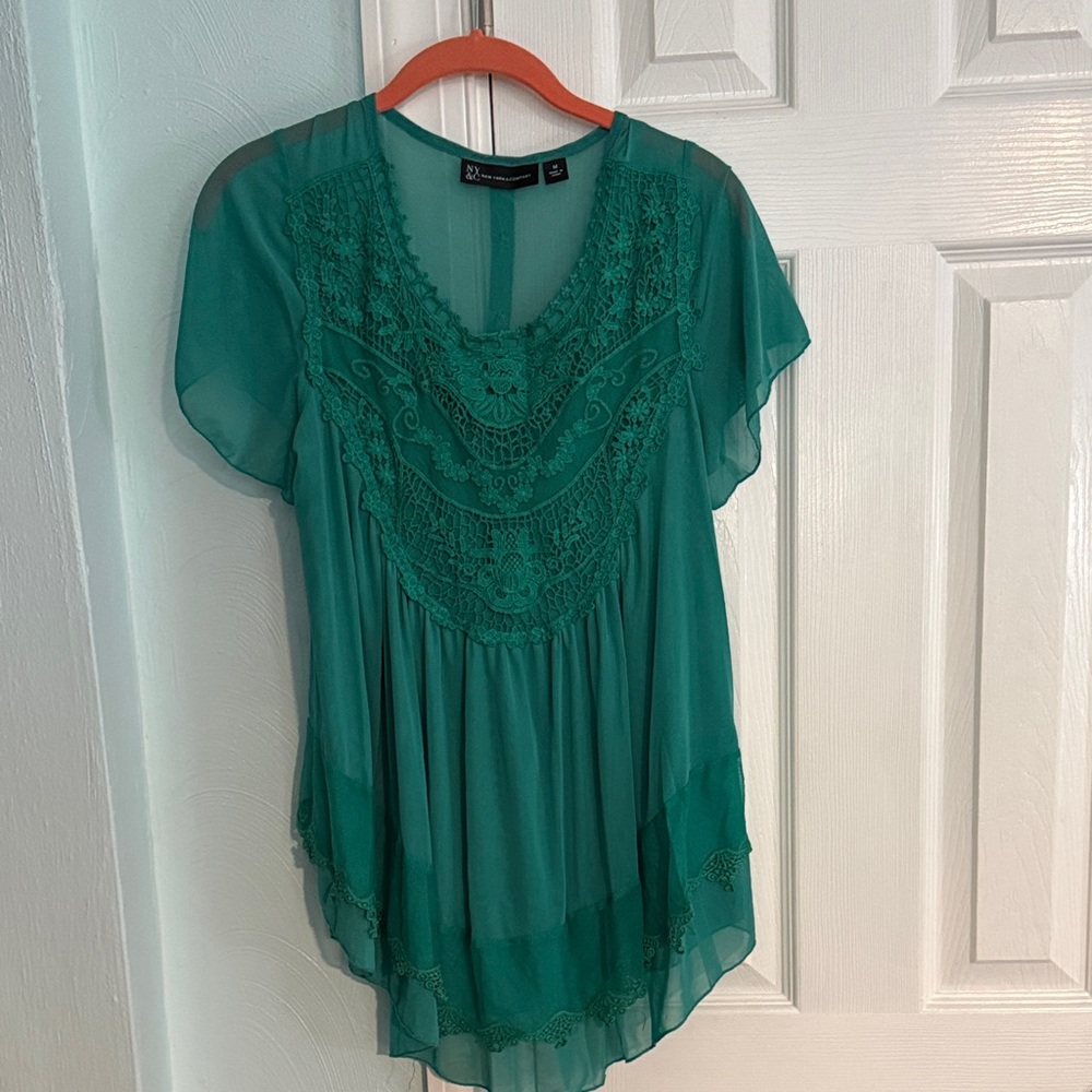 New York & Company Teal Lace Blouse